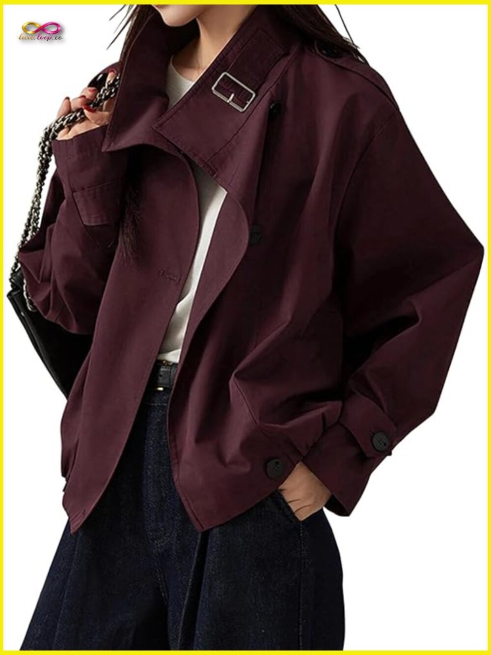 Vintage Trench Coat Crop Jacket with Pockets - Trendy Turtleneck